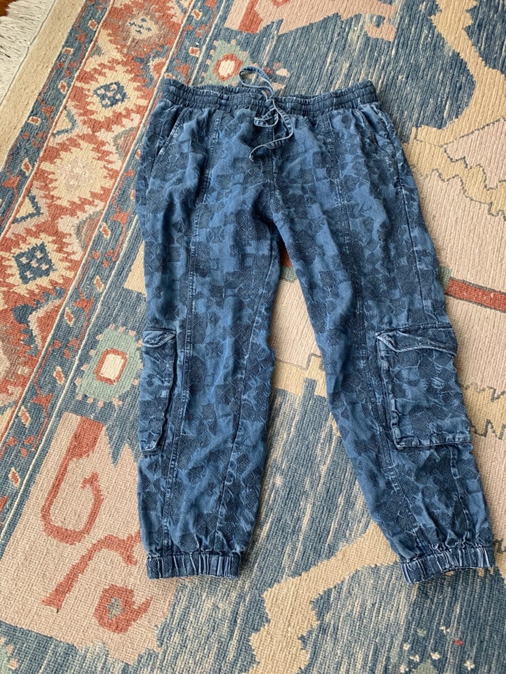 Johnny Was Blue Floral-Print Straight Leg Cargo Jeans